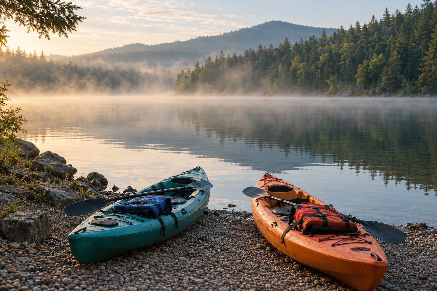 Two kayaks pulled up on a gravel launch beside a calm lake in early morning