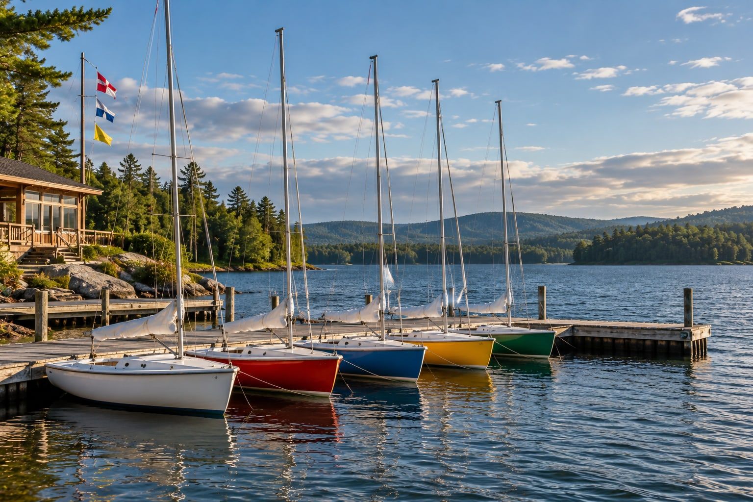 Row of small sailing dinghies on a club dock beside a lake