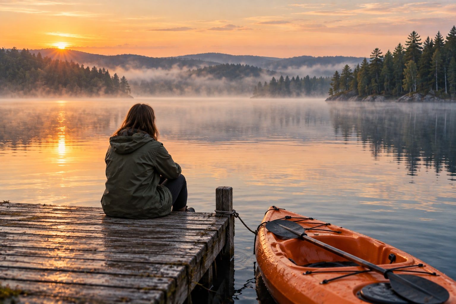 Kayaker checking a phone on a wooden dock before launching