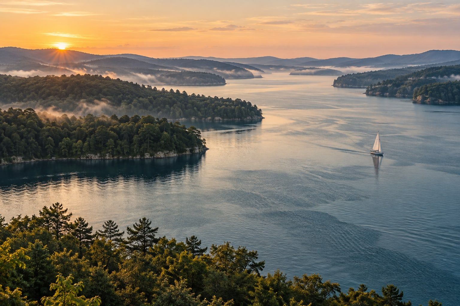 A small sailboat crossing a calm reservoir at sunrise, wind ripples on the water